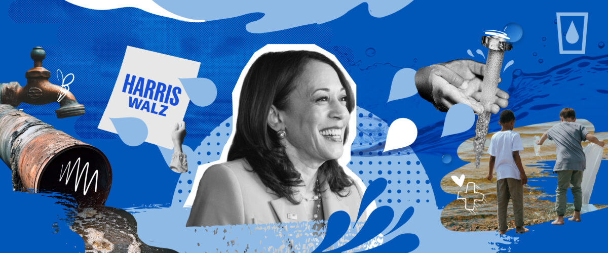 A portrait of Kamala Harris surrounded by water pipes, faucets, children playing on a shore near the water.